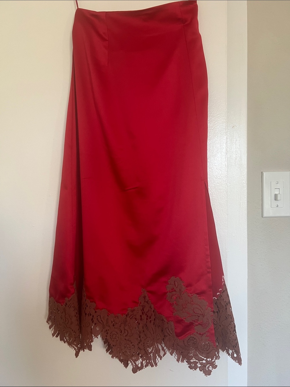 Anthropologie Red Satin Midi Skirt with Brown Lace Hem